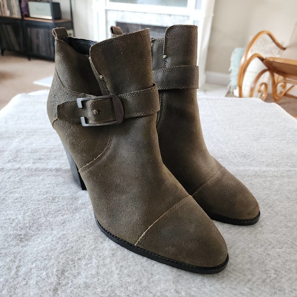 Donald J Pliner Suede Ankle Boots Sage Green Wedge Buckle Womens Sz 9.5